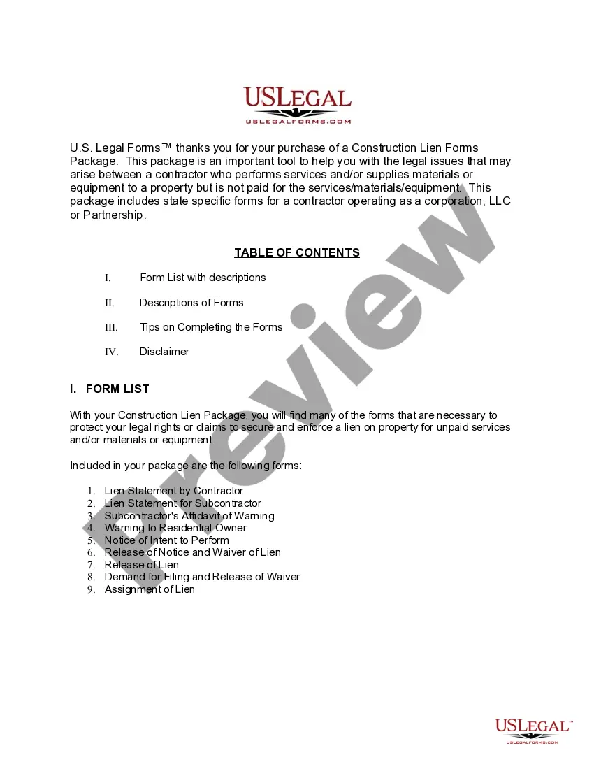 Preview Kansas Construction or Mechanics Lien Package - Corporation or LLC