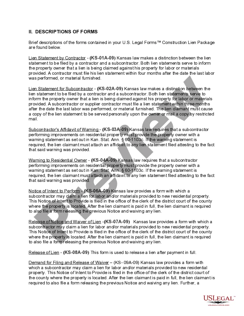 Preview Kansas Construction or Mechanics Lien Package - Corporation or LLC