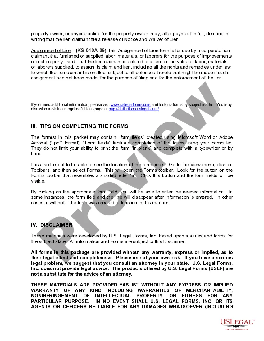 Preview Kansas Construction or Mechanics Lien Package - Corporation or LLC