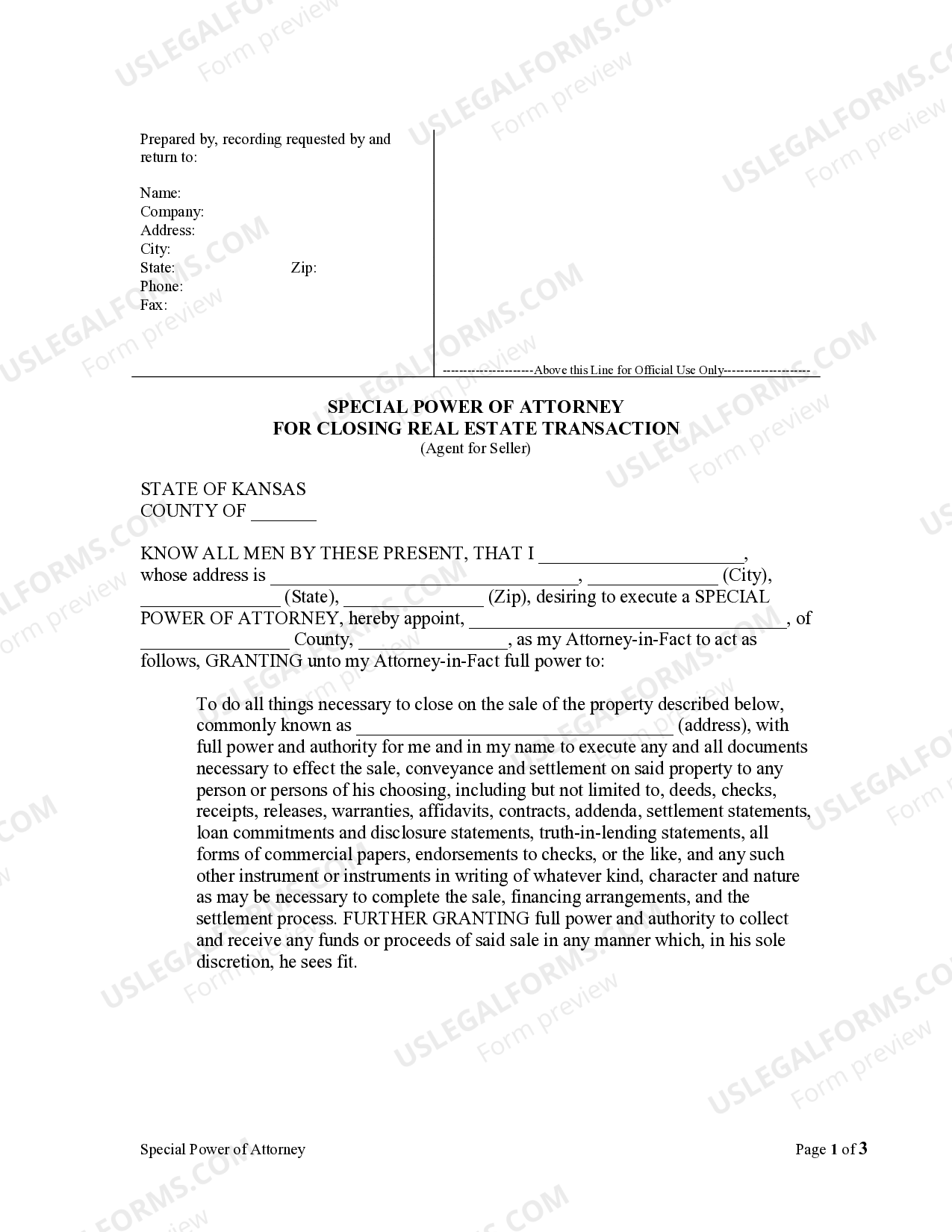 Kansas Special or Limited Power of Attorney for Real Estate Sales
