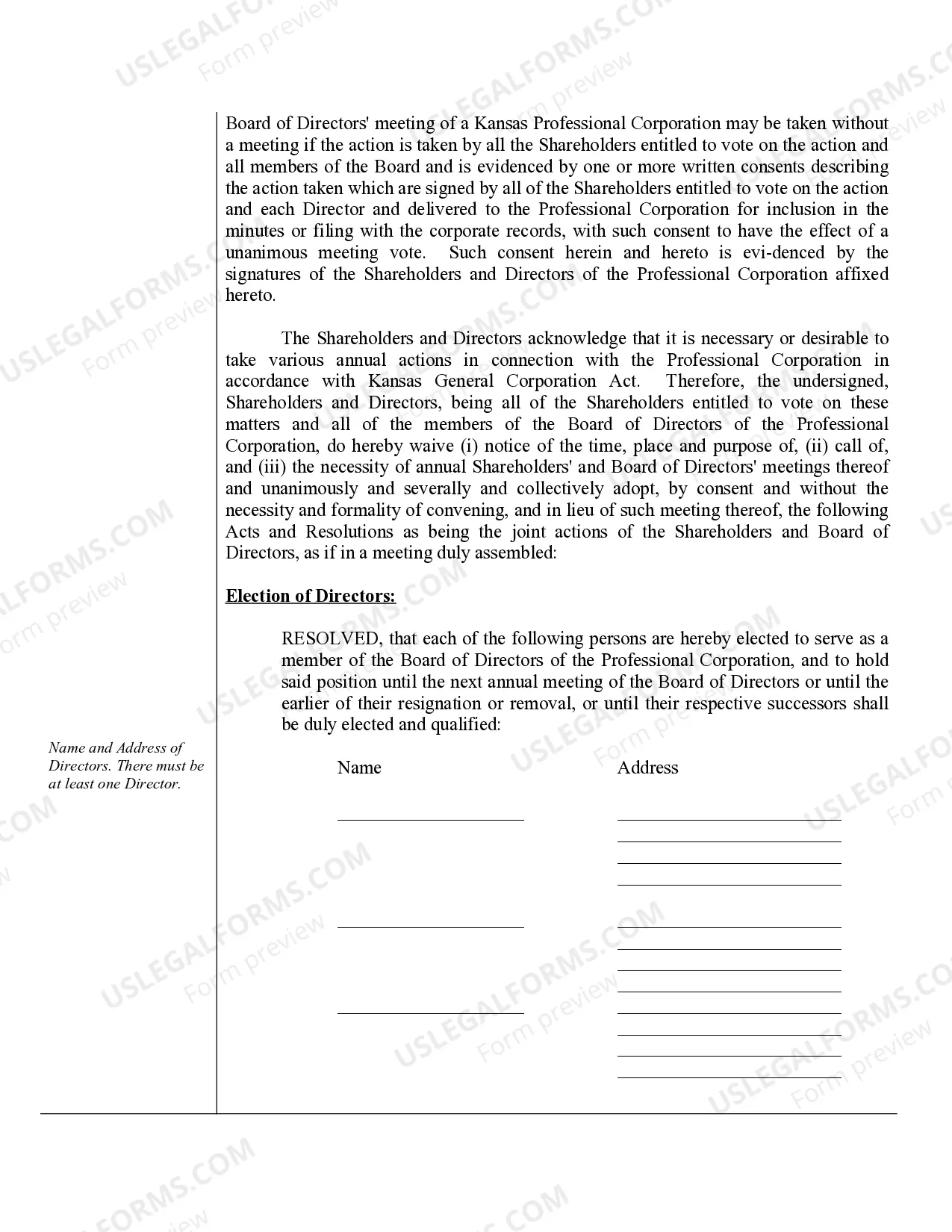 Preview Sample Annual Minutes for a Kansas Professional Corporation