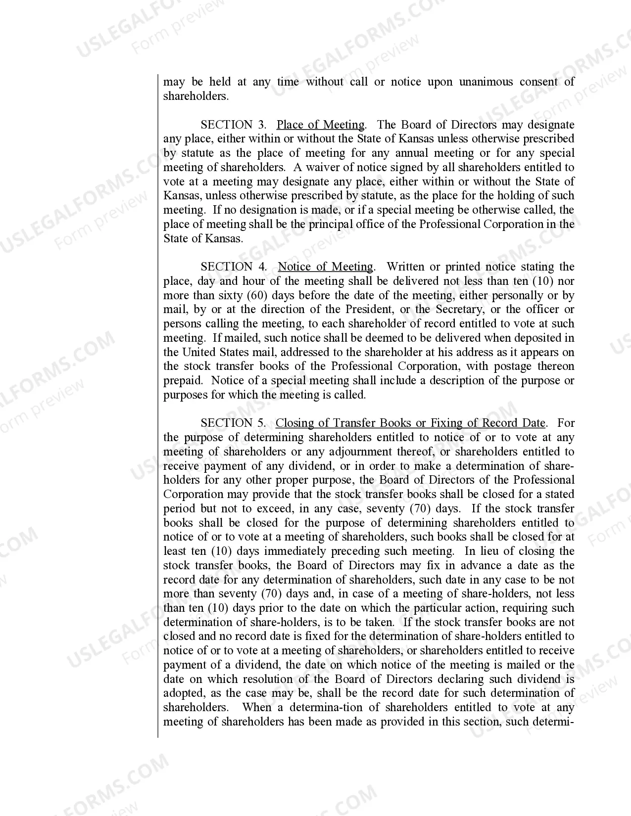 Preview Sample Bylaws for a Kansas Professional Corporation