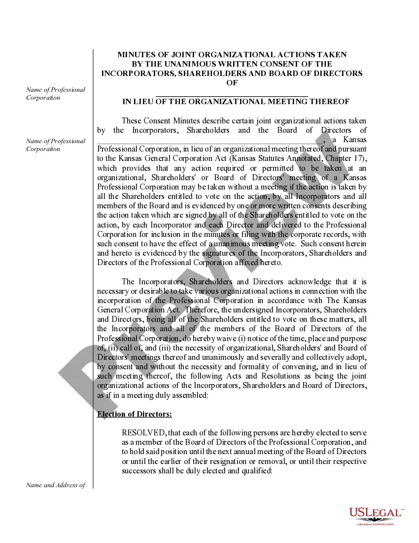 Get Sample Organizational Minutes for a Kansas Professional Corporation Preview Sample Organizational Minutes for a Kansas Professional Corporation
