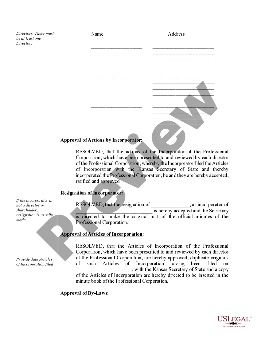 Get Sample Organizational Minutes for a Kansas Professional Corporation Preview Sample Organizational Minutes for a Kansas Professional Corporation