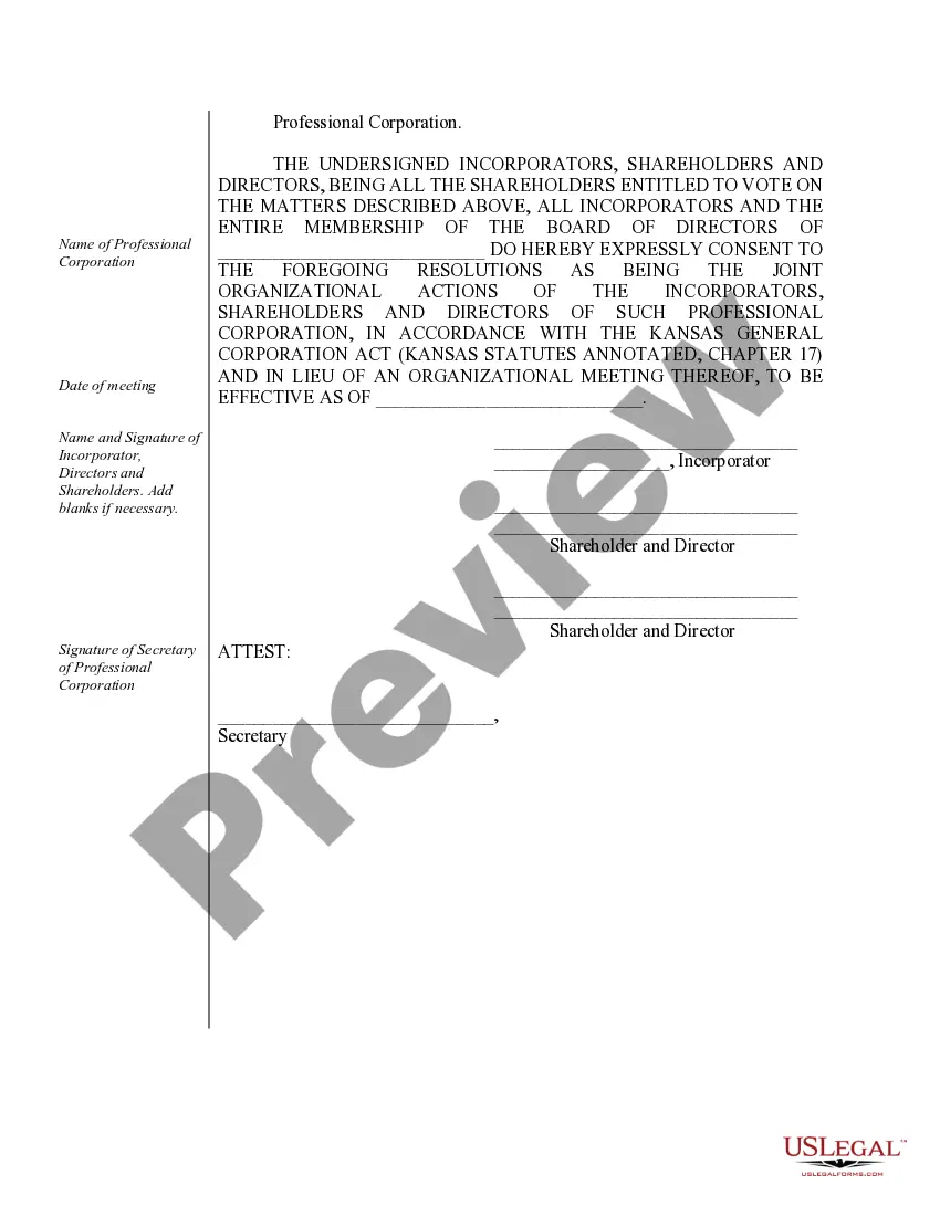Get Sample Organizational Minutes for a Kansas Professional Corporation Preview Sample Organizational Minutes for a Kansas Professional Corporation