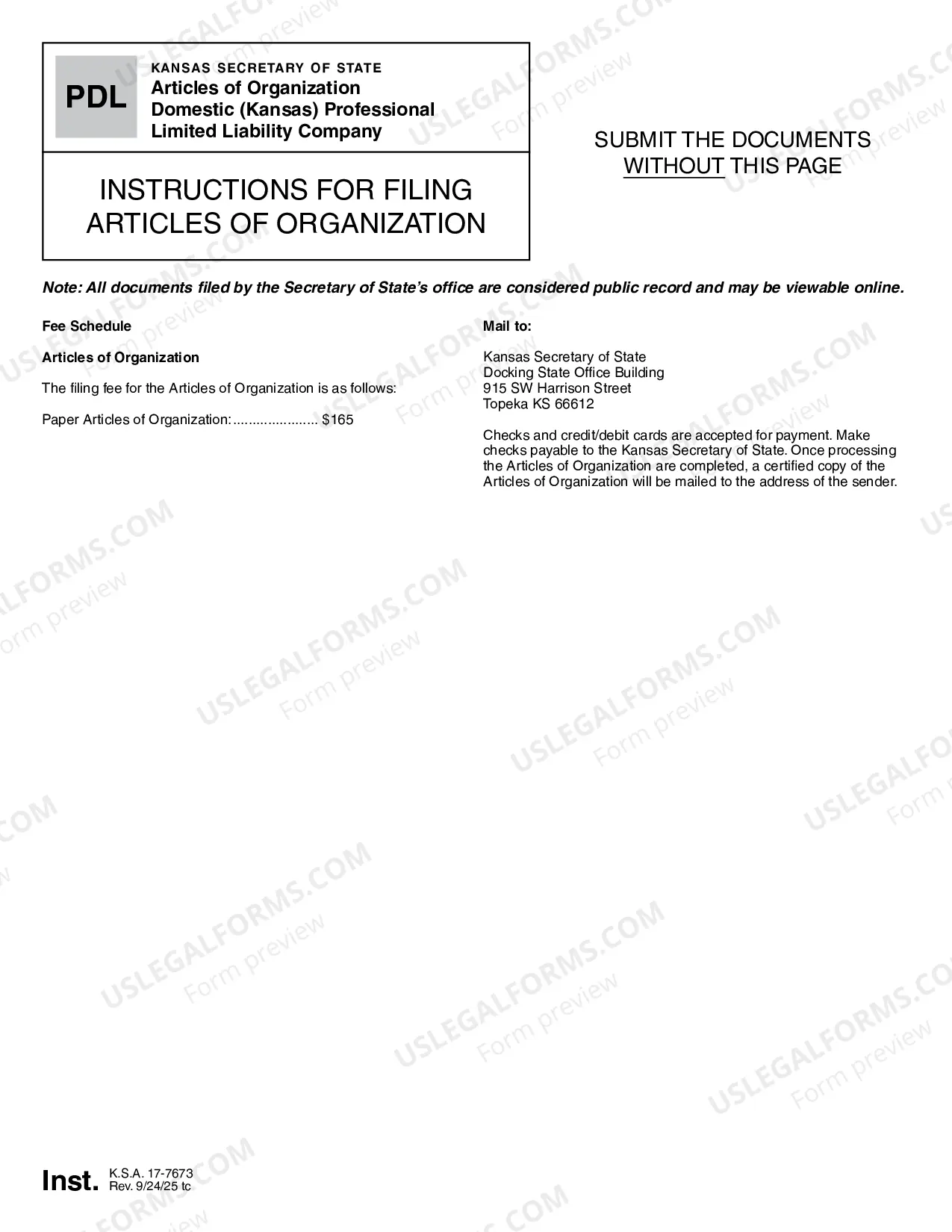 Preview Articles of Organization - Kansas Professional Limited Liability Company