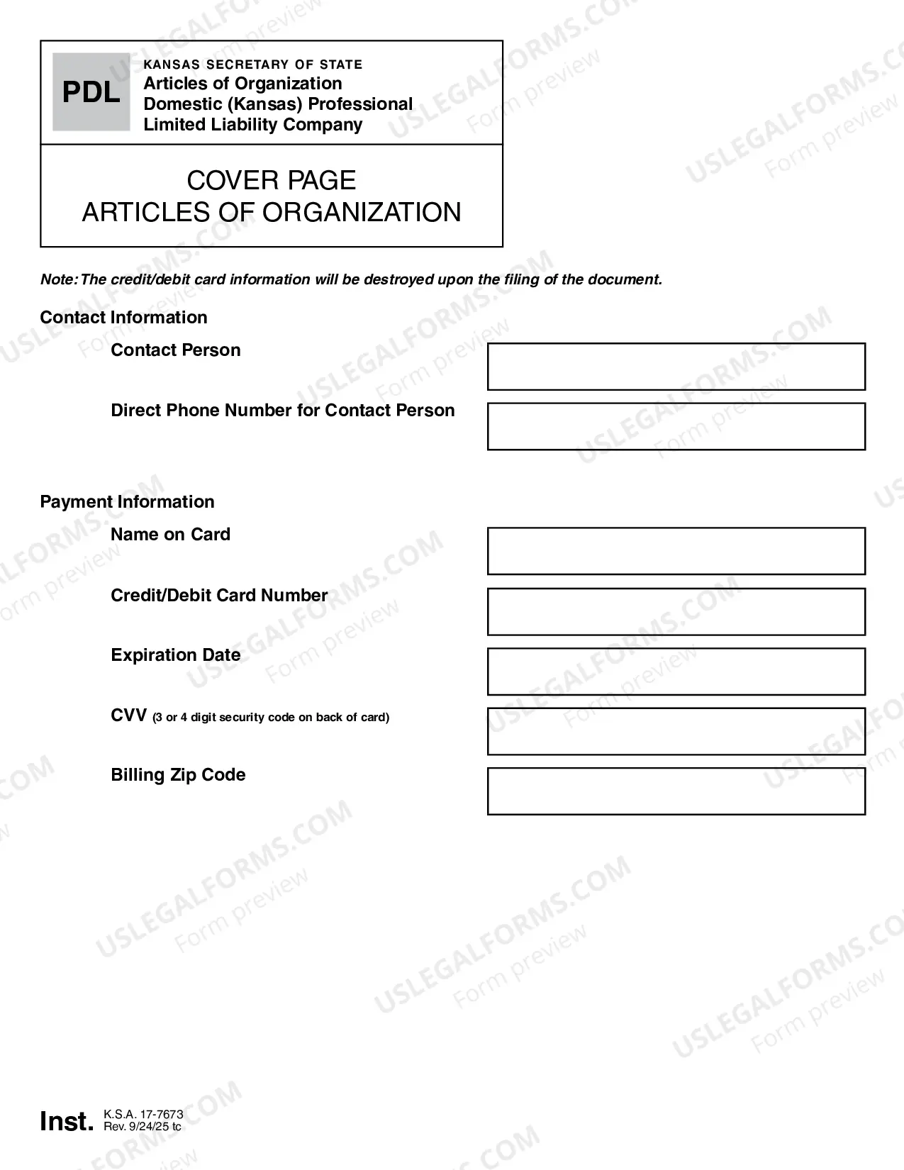 Preview Articles of Organization - Kansas Professional Limited Liability Company