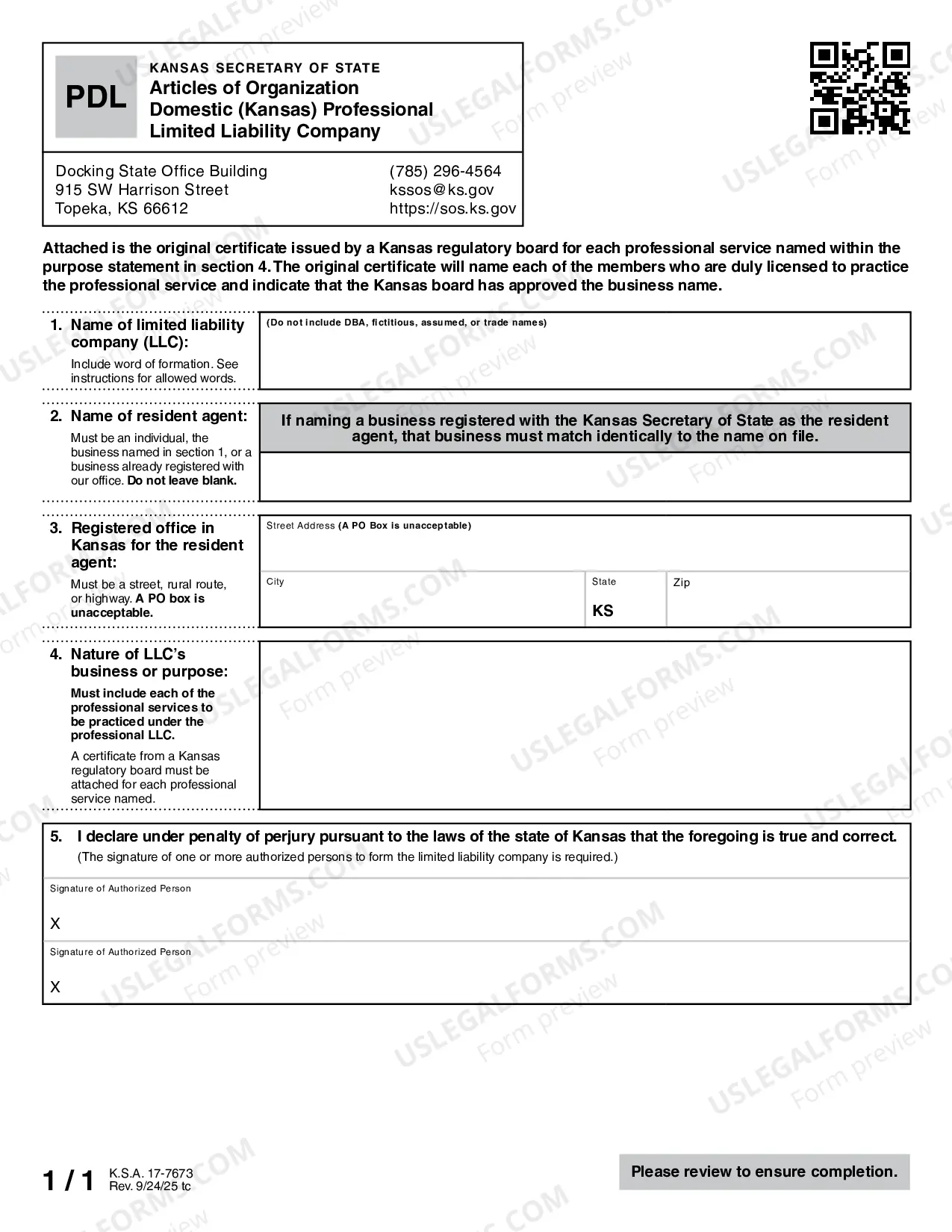 Preview Articles of Organization - Kansas Professional Limited Liability Company