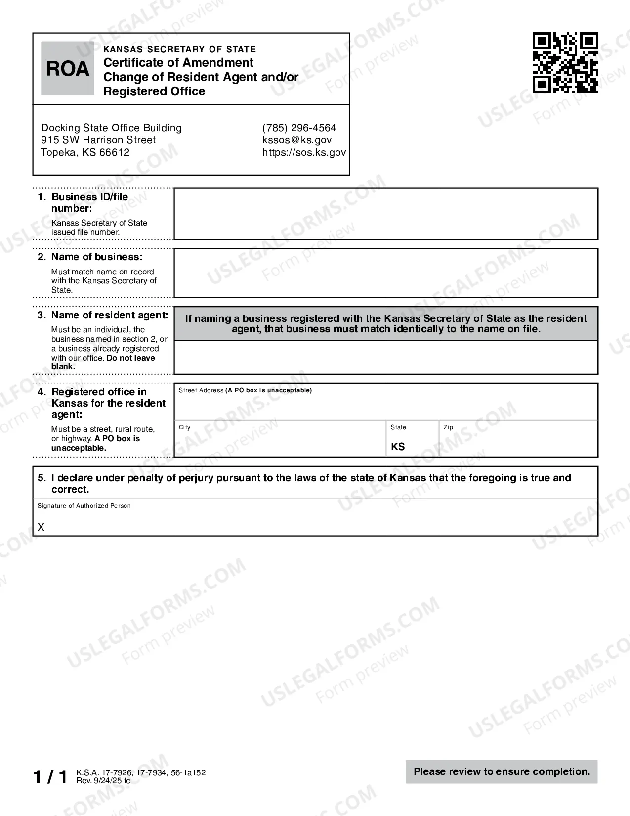 Preview Kansas Change of Registered Agent