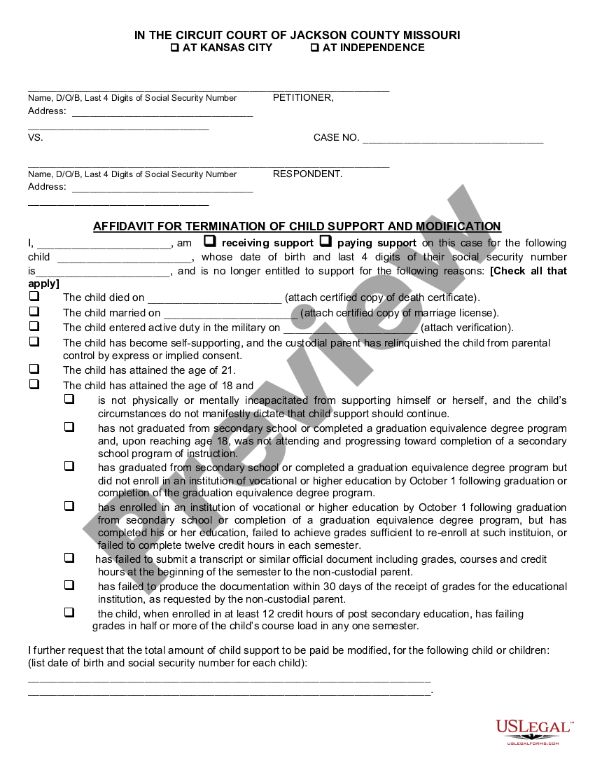 Kansas Affidavit For Termination Of Child Support And Modification | US ...