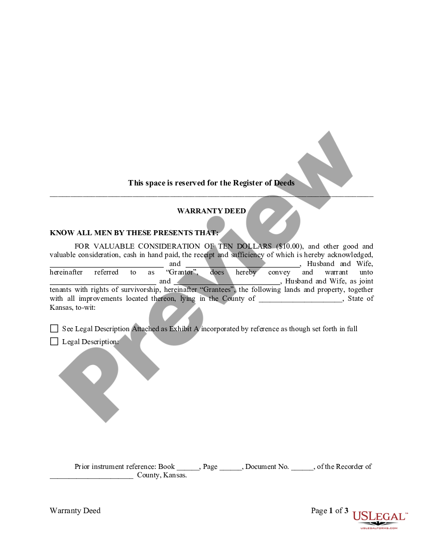 Kansas Warranty Deed for Husband and Wife Converting Property from ...