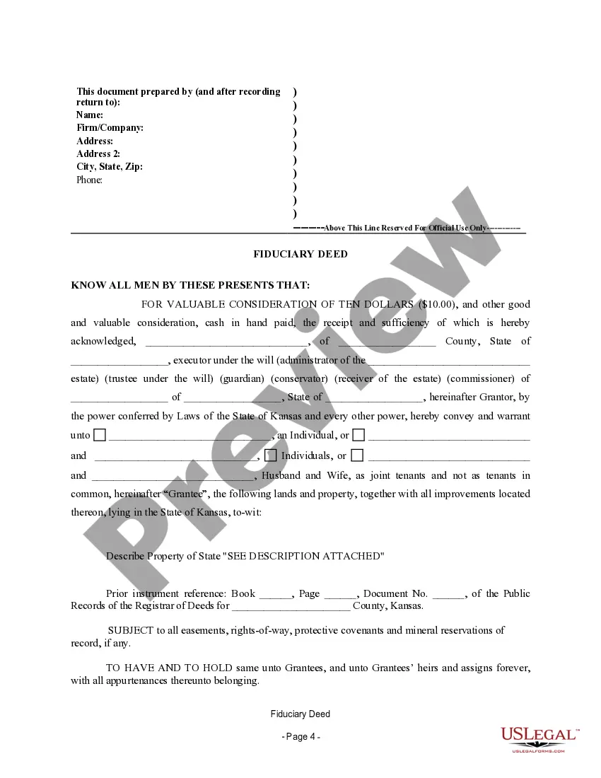 Preview Fiduciary Deed for use by Executors, Trustees, Trustors, Administrators and other Fiduciaries