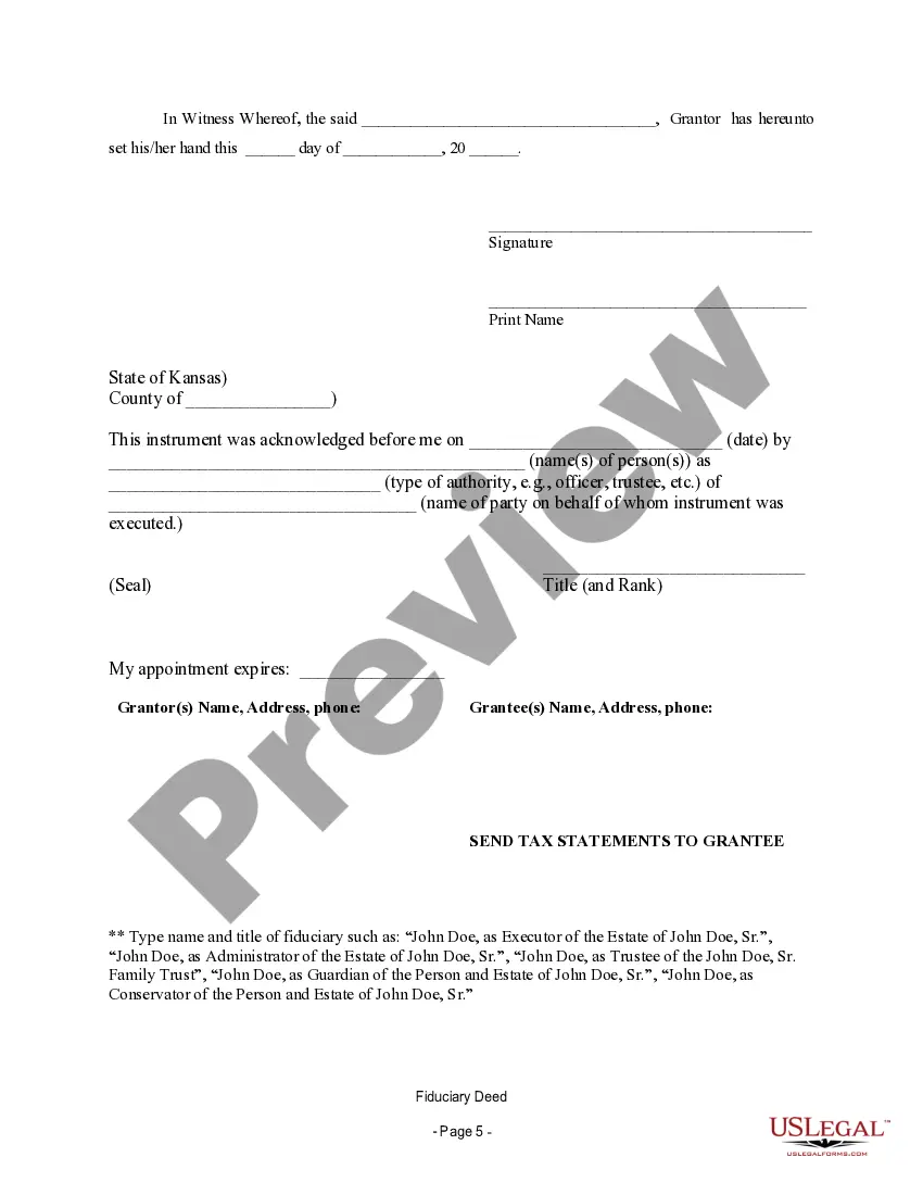 Preview Fiduciary Deed for use by Executors, Trustees, Trustors, Administrators and other Fiduciaries