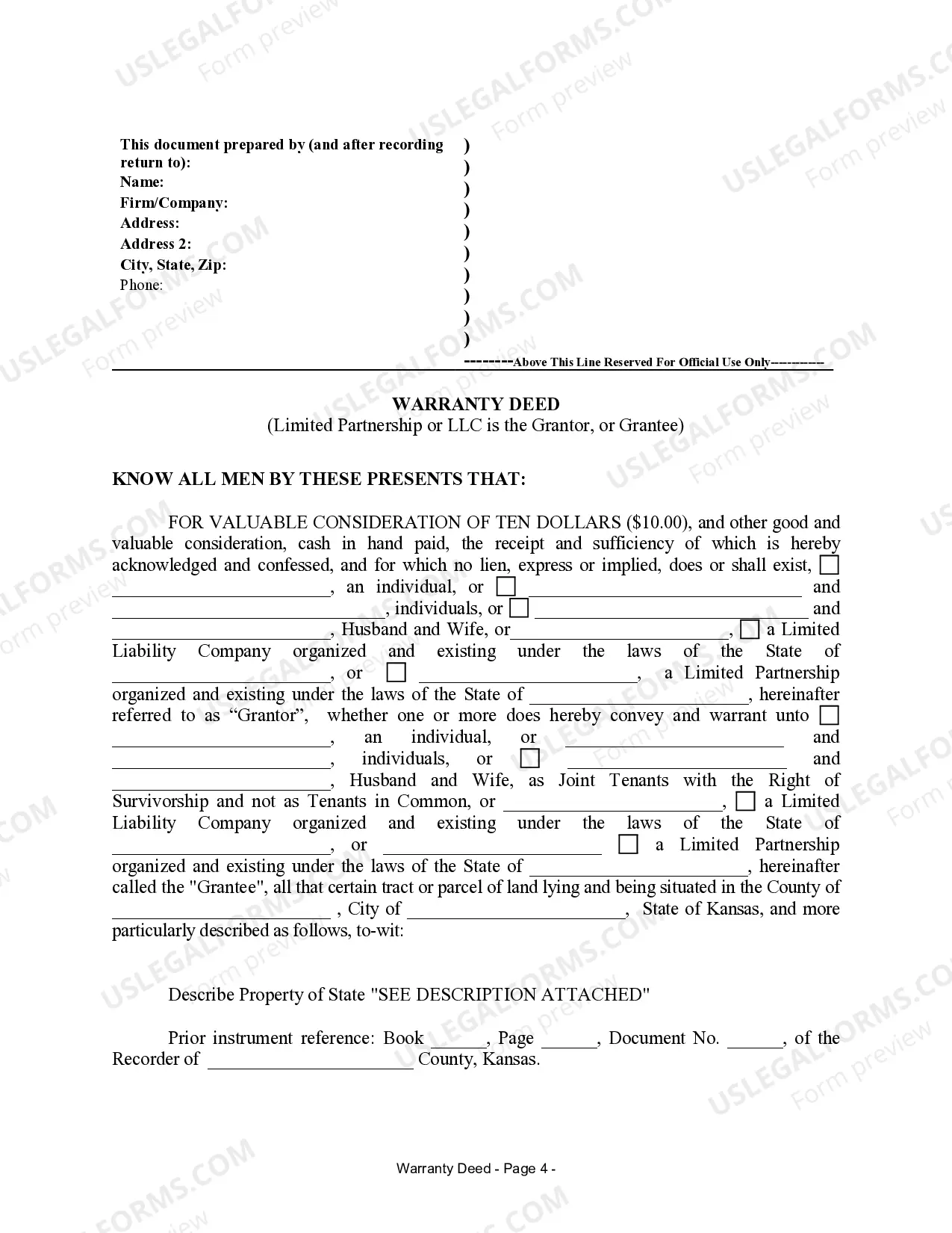Preview Warranty Deed from Limited Partnership or LLC is the Grantor, or Grantee