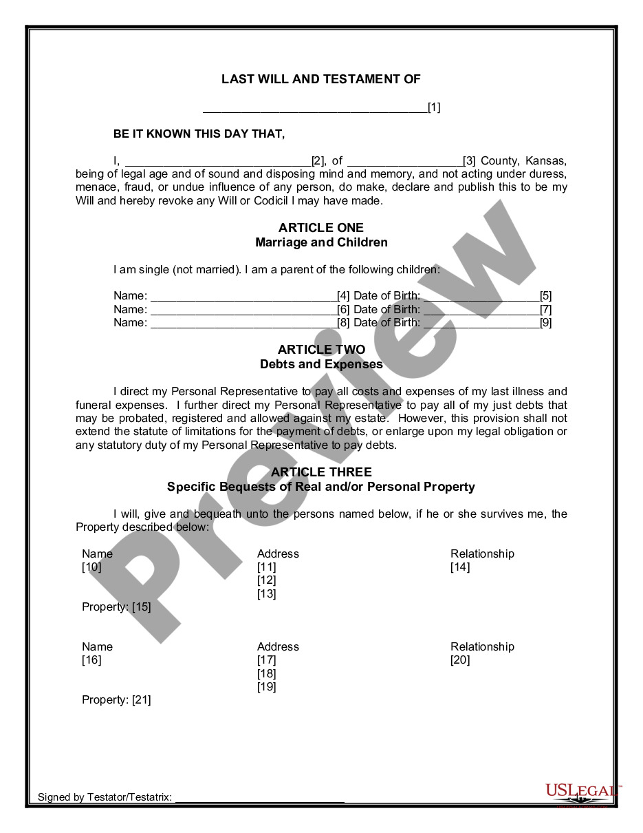 Kansas Legal Last Will and Testament Form for Single Person with