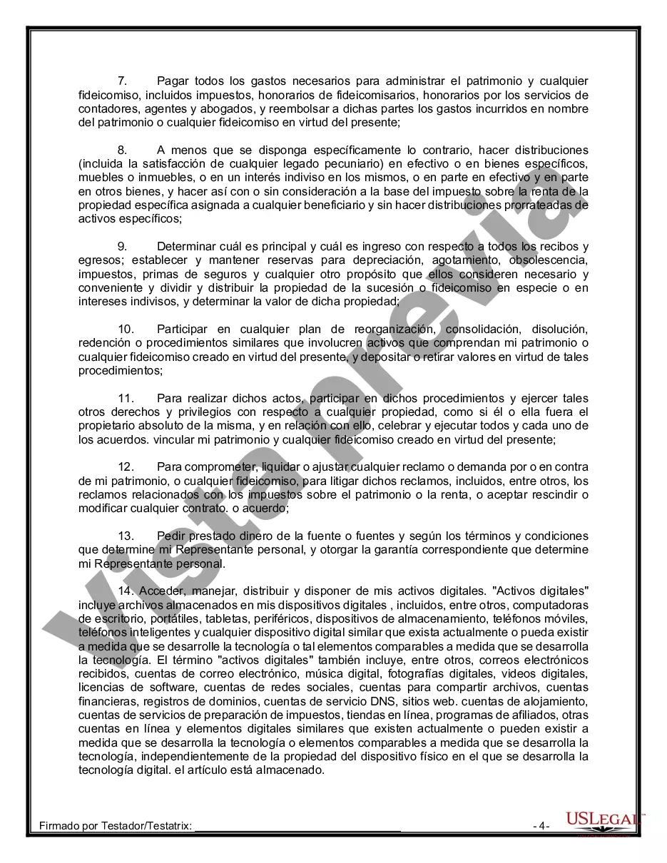 Preview Formulario Legal de Última Voluntad y Testamento para Persona Soltera con Hijos Adultos