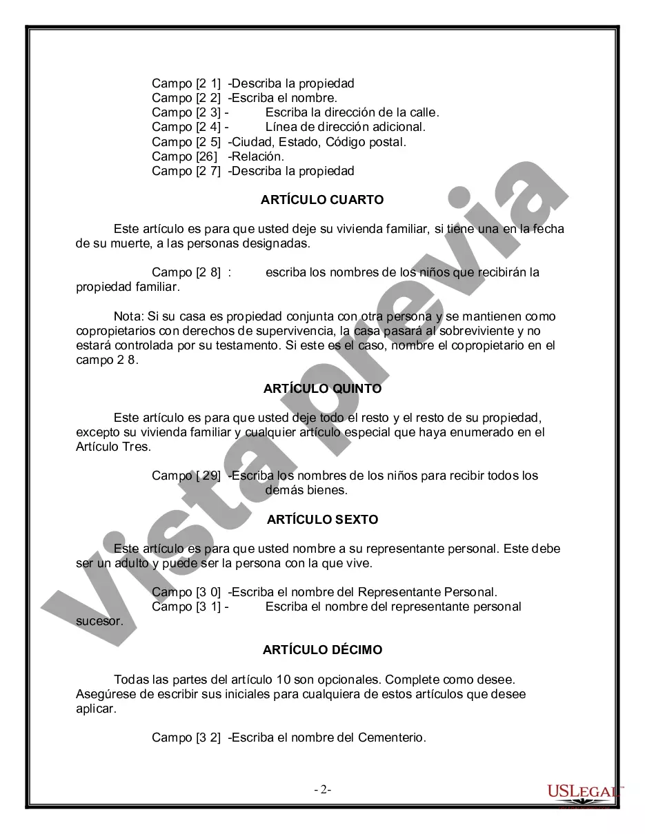 Preview Formulario Legal de Última Voluntad y Testamento para Persona Soltera con Hijos Adultos