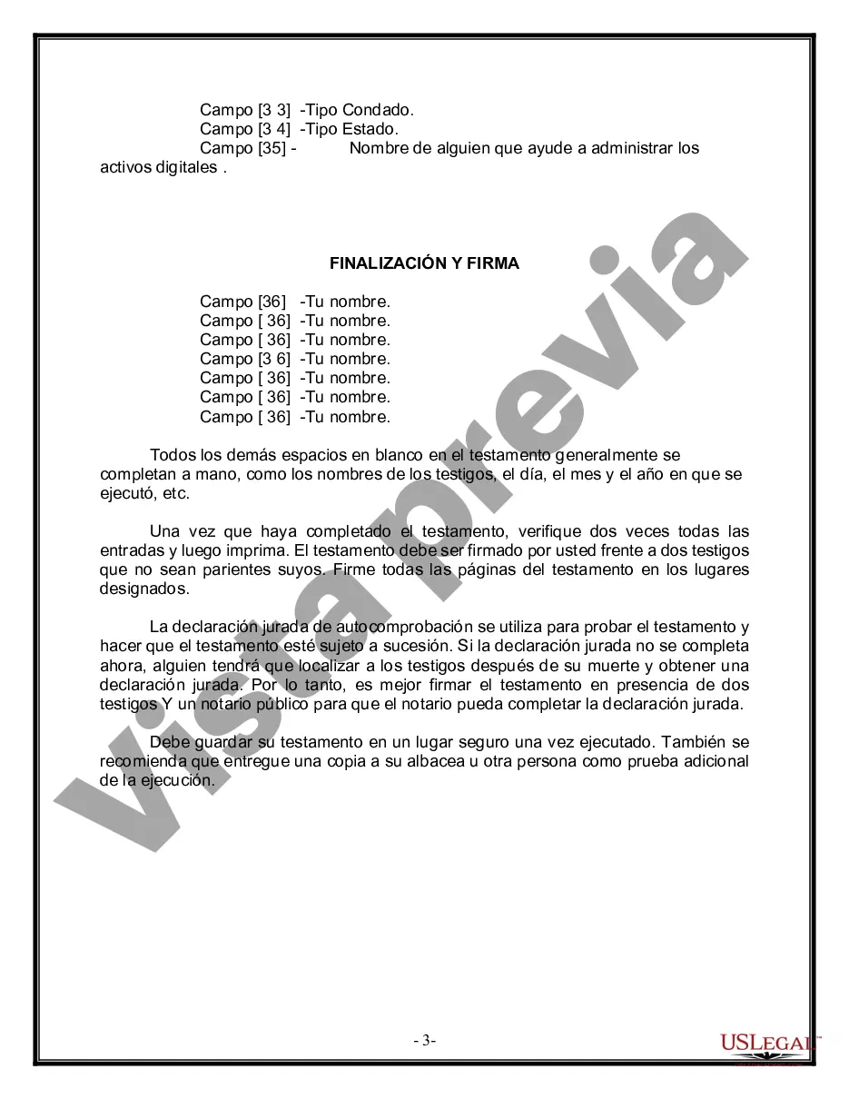 Preview Formulario Legal de Última Voluntad y Testamento para Persona Soltera con Hijos Adultos