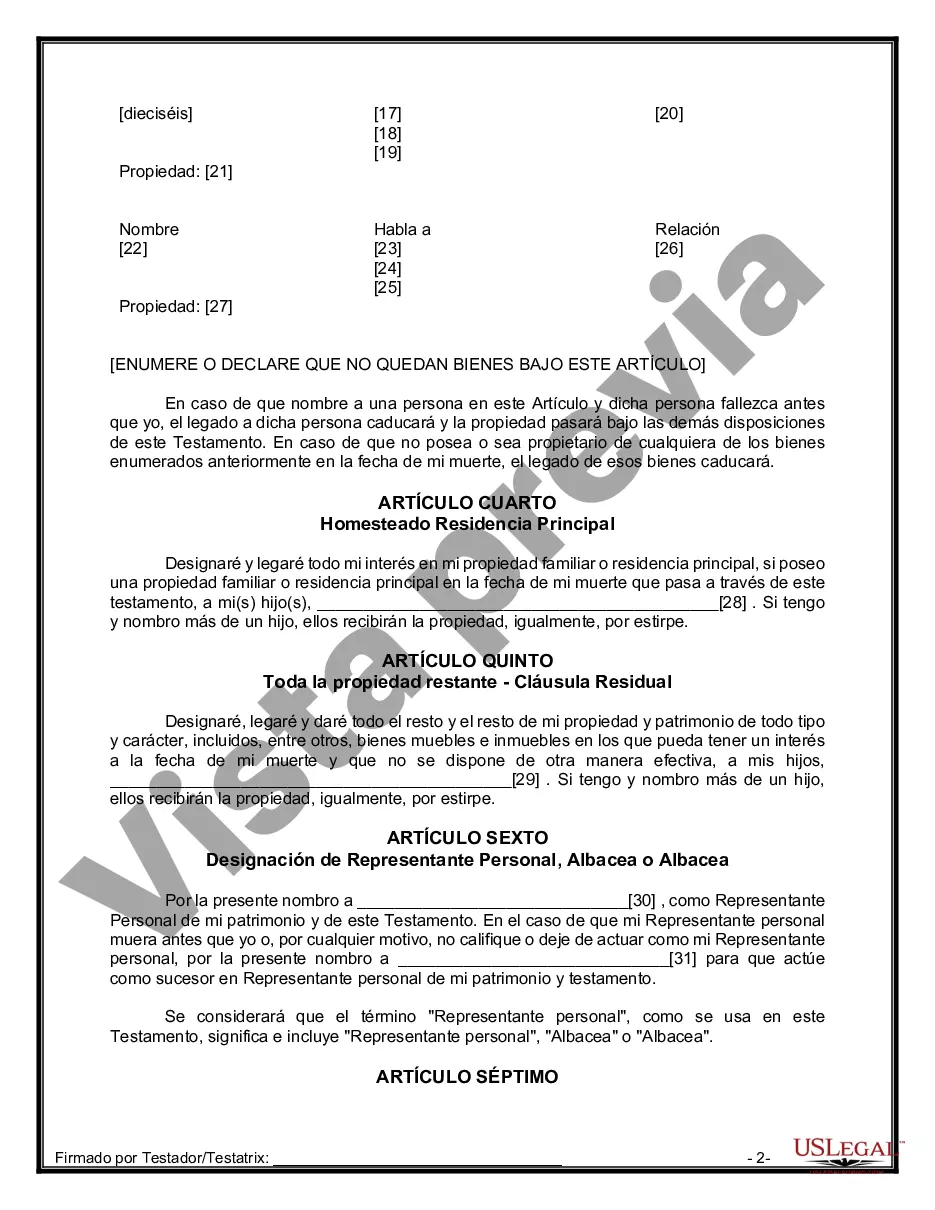 Preview Formulario Legal de Última Voluntad y Testamento para Persona Soltera con Hijos Adultos
