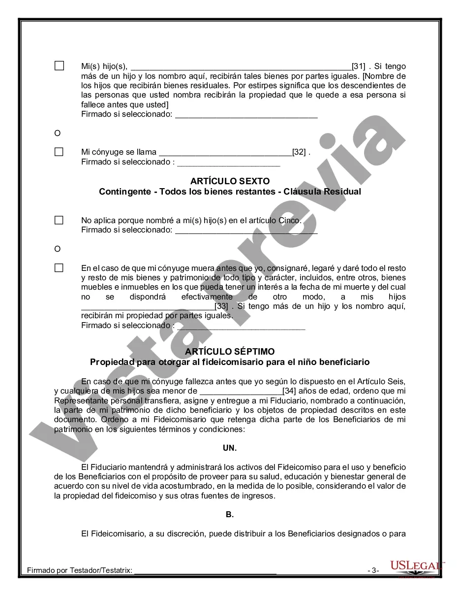 Preview Última voluntad y testamento legal para persona casada con hijos menores de edad de un matrimonio anterior