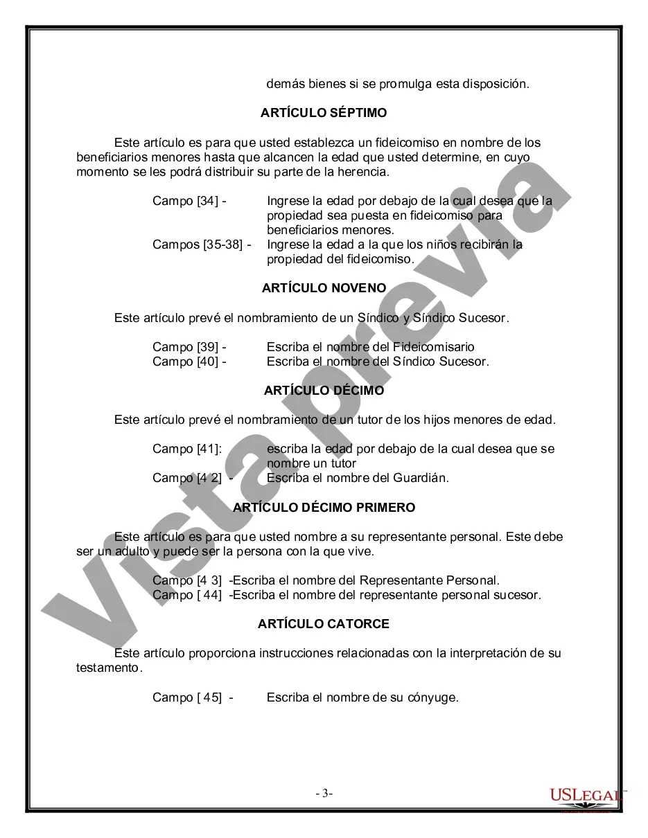 Preview Última voluntad y testamento legal para persona casada con hijos menores de edad de un matrimonio anterior