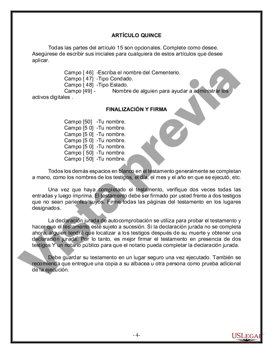 Preview Última voluntad y testamento legal para persona casada con hijos menores de edad de un matrimonio anterior