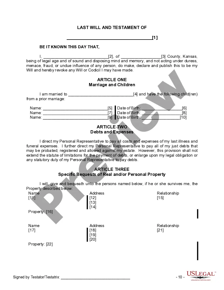 Preview Last Will and Testament for Married person with Minor Children from Prior Marriage