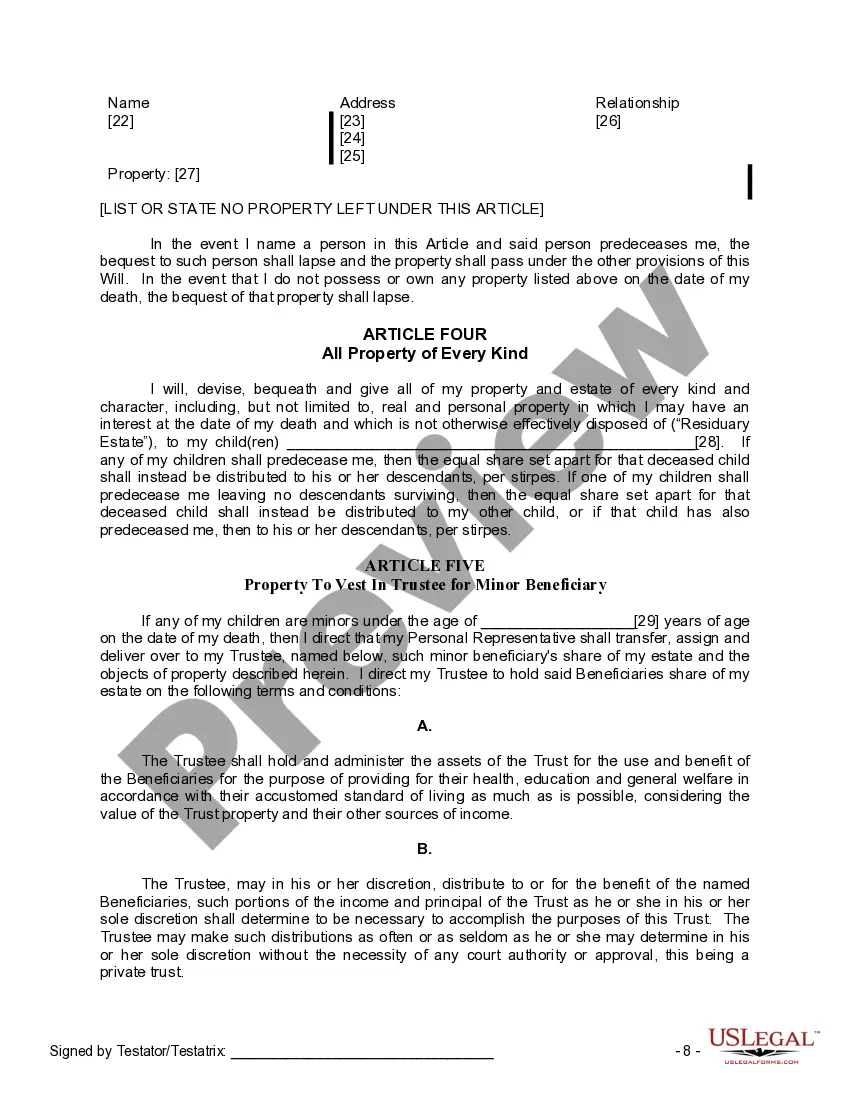 Preview Last Will and Testament for Divorced person not Remarried with Minor Children