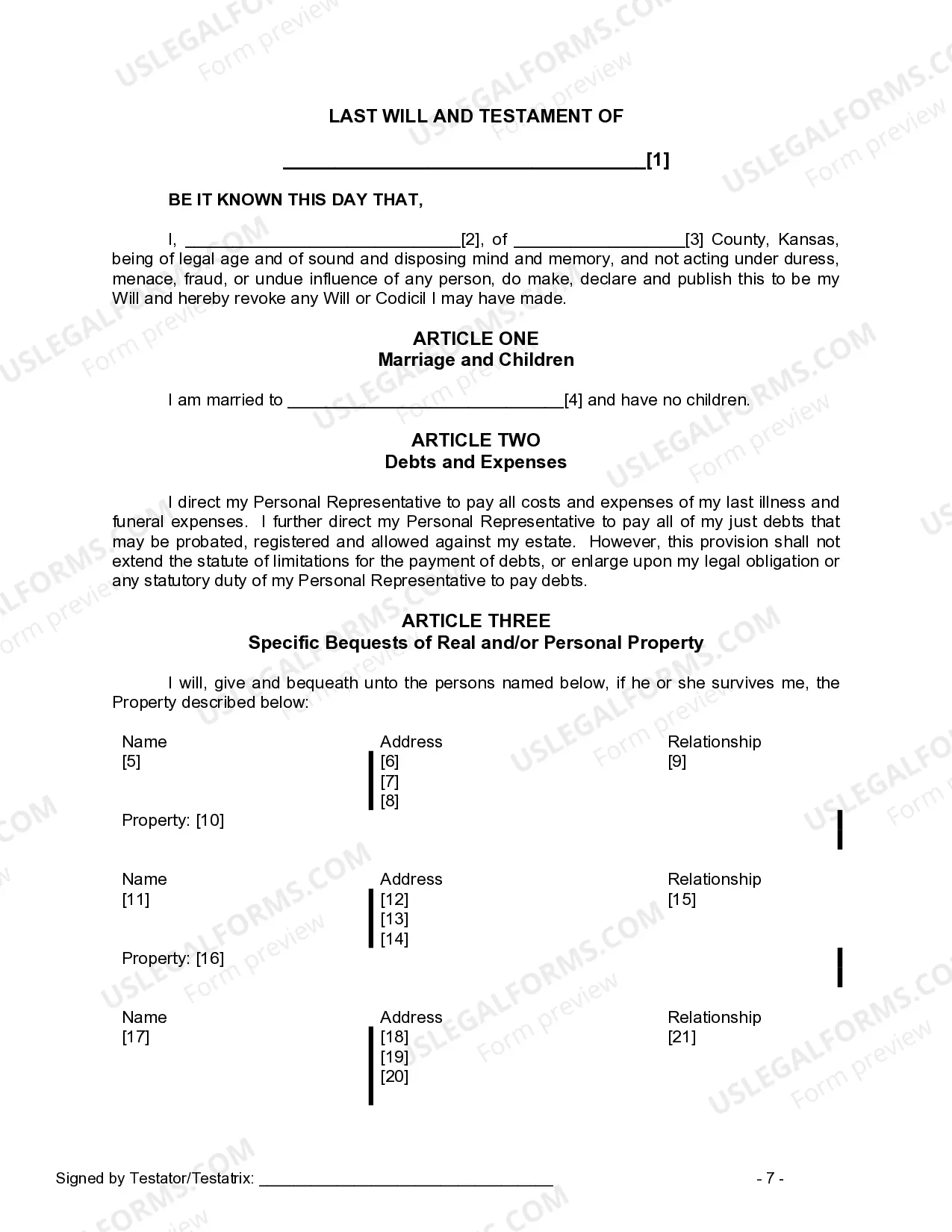 Preview Last Will and Testament for a Married Person with No Children