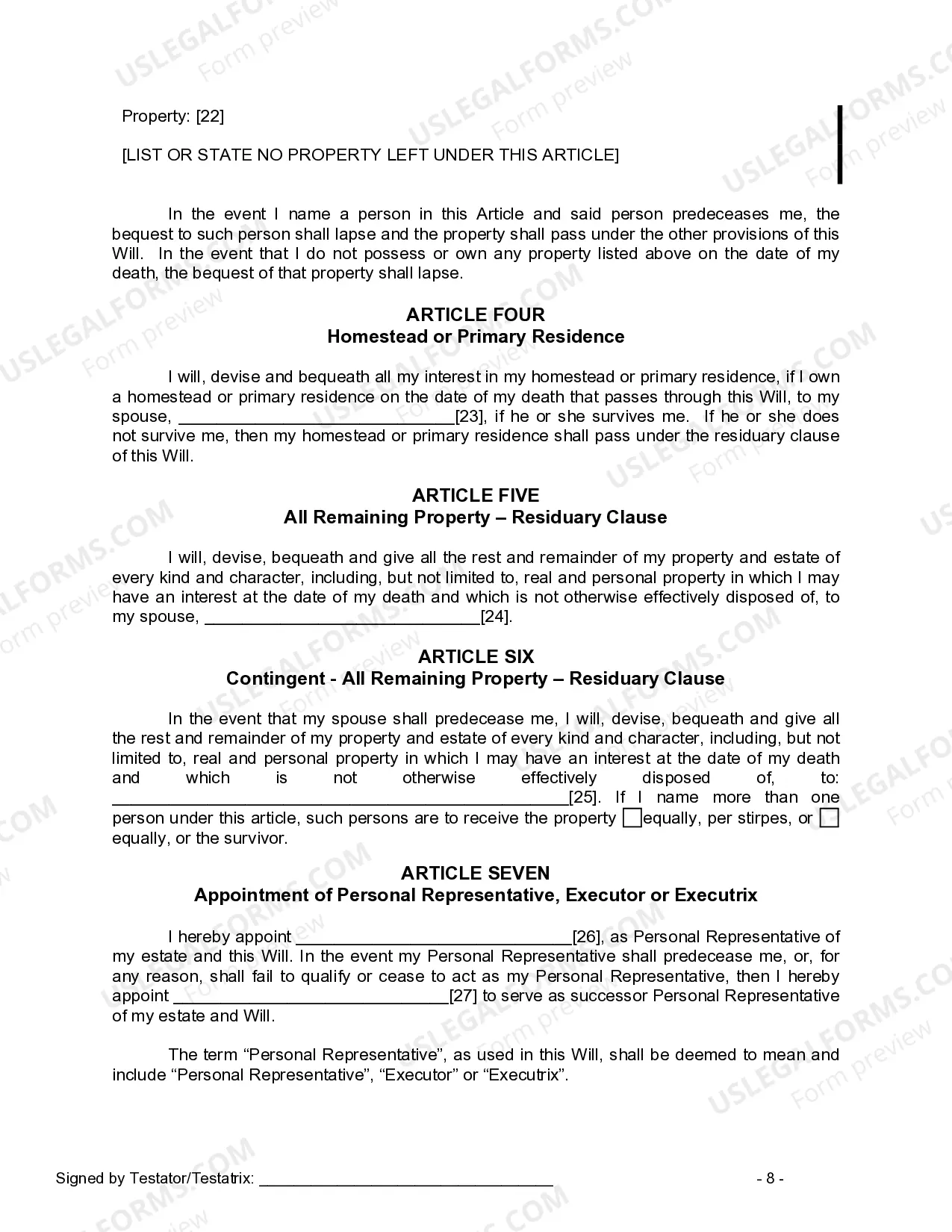 Preview Last Will and Testament for a Married Person with No Children