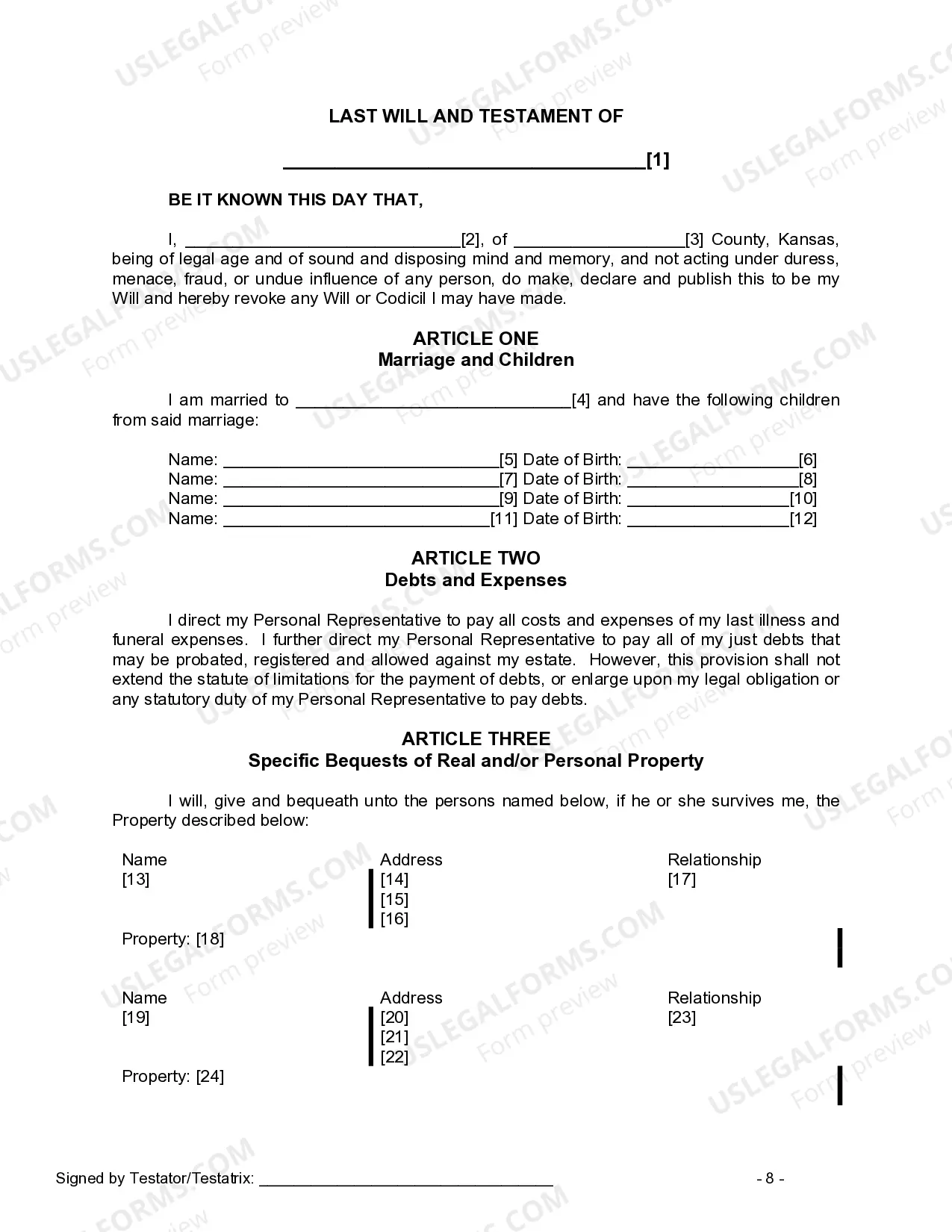 Preview Last Will and Testament for Married person with Minor Children