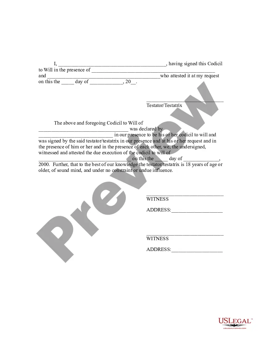 Get Codicil to Will Form for Amending Your Will - Will Changes or Amendments Preview Codicil to Will Form for Amending Your Will - Will Changes or Amendments