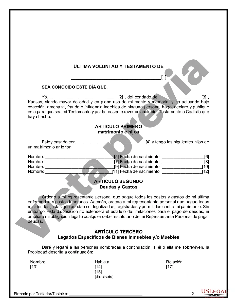 Preview Formulario Legal de Última Voluntad y Testamento para Persona Casada con Hijos Adultos y Menores de Matrimonio Anterior