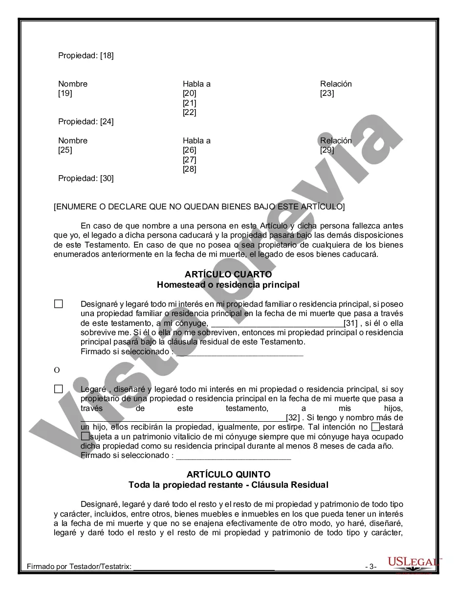 Preview Formulario Legal de Última Voluntad y Testamento para Persona Casada con Hijos Adultos y Menores de Matrimonio Anterior