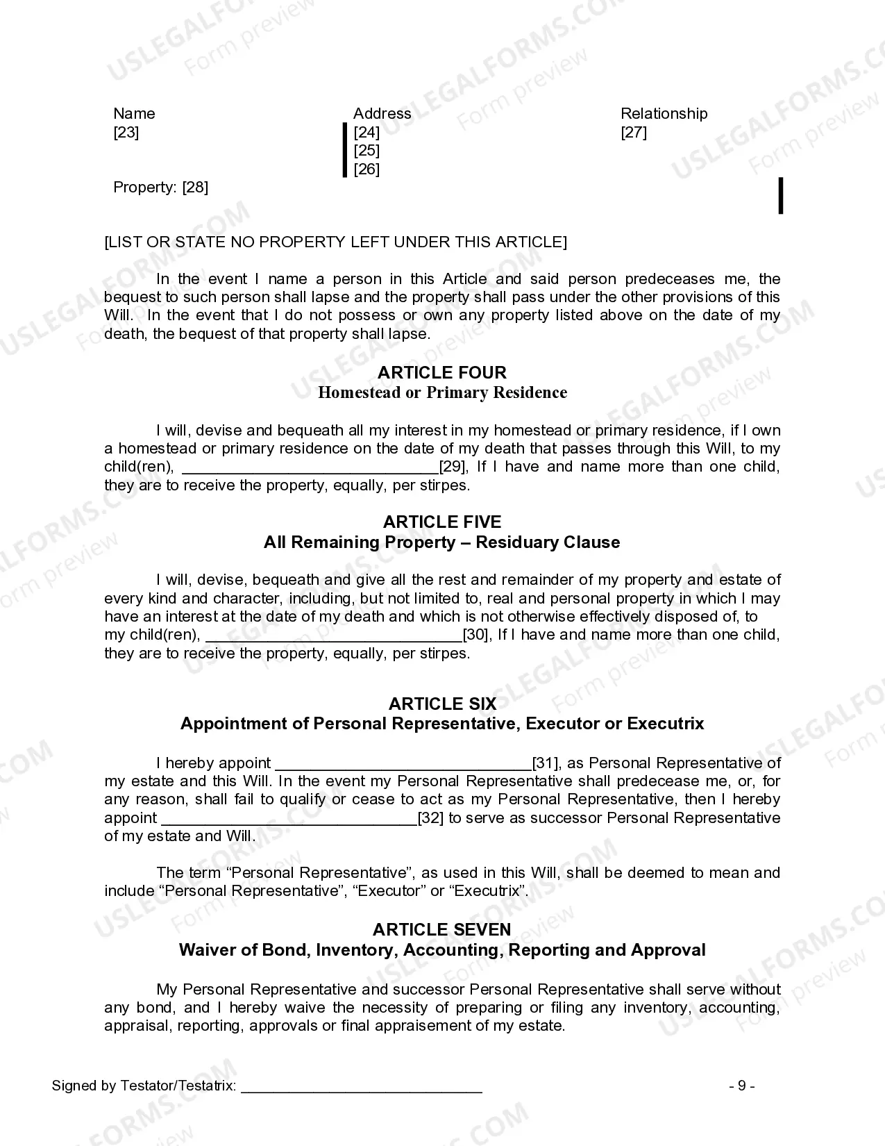 Preview Last Will and Testament for a Widow or Widower with Adult Children