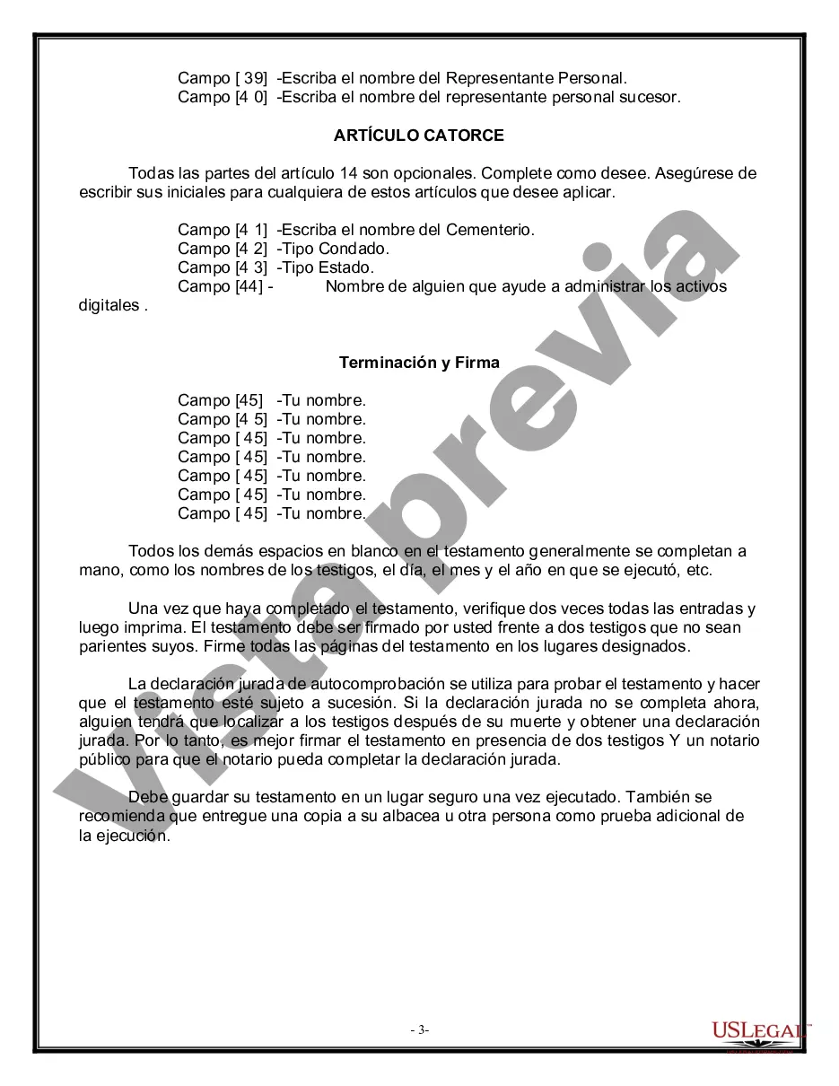 Preview Formulario Legal de Última Voluntad y Testamento para Viuda o Viudo con Hijos Menores