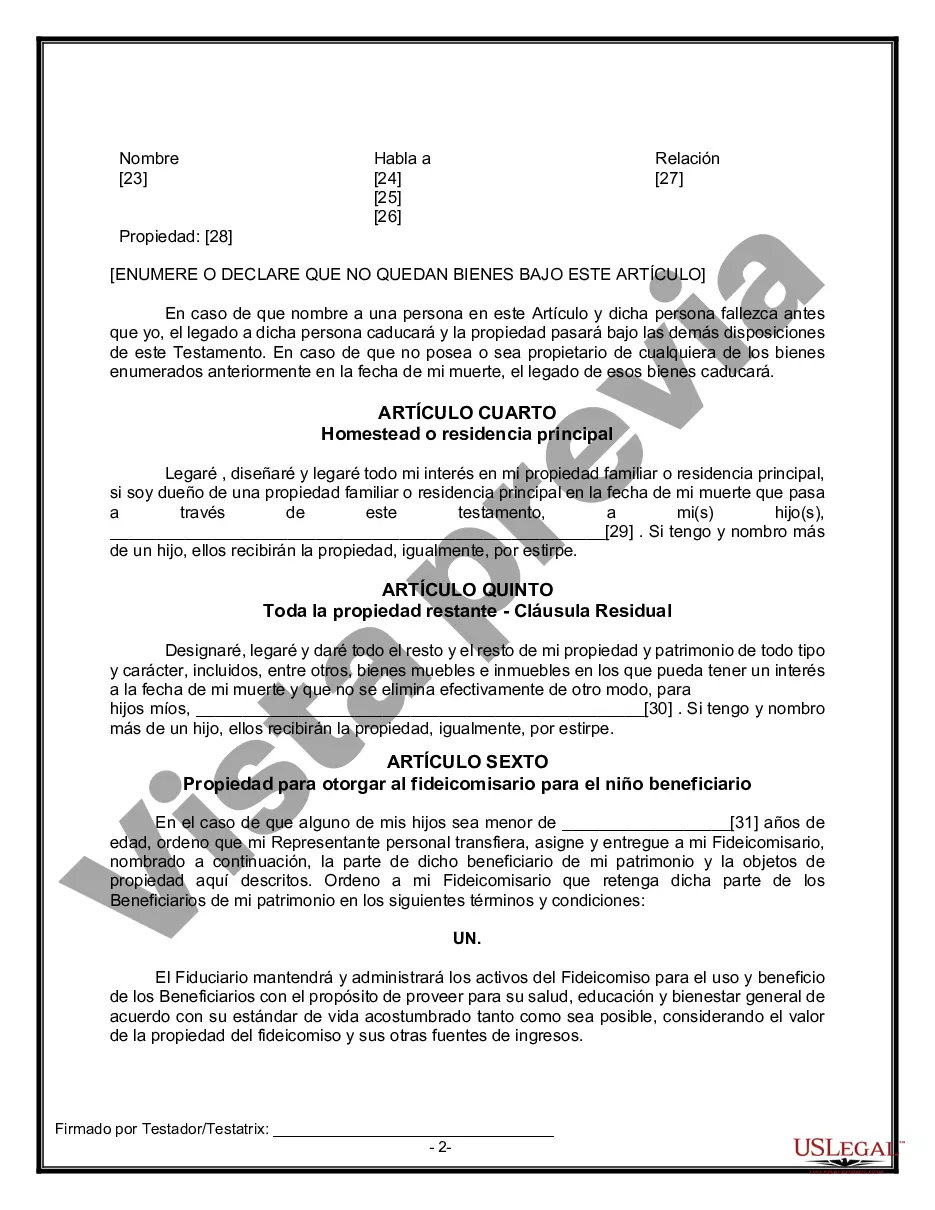 Preview Formulario Legal de Última Voluntad y Testamento para Viuda o Viudo con Hijos Menores