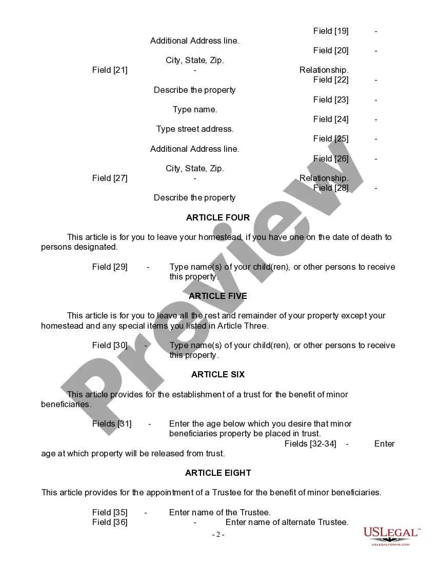 Preview Last Will and Testament for Widow or Widower with Minor Children