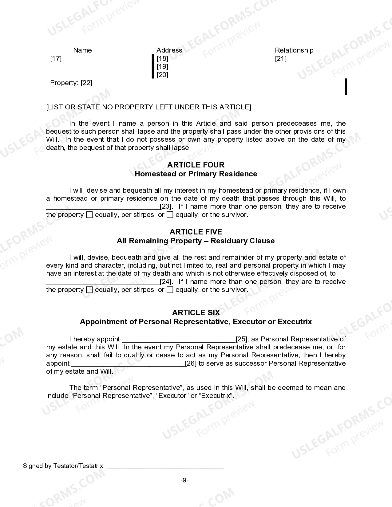 Preview Last Will for a Widow or Widower with no Children