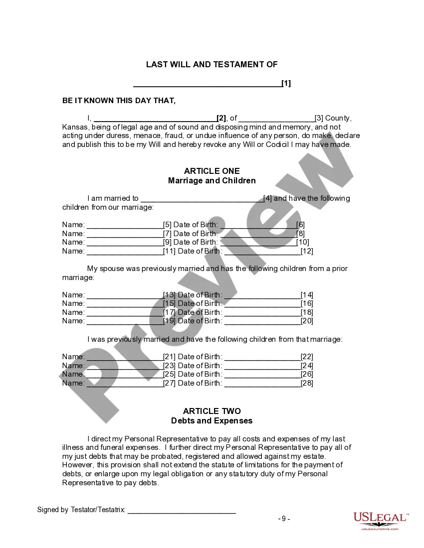 Preview Last Will and Testament for Divorced and Remarried Person with Mine, Yours and Ours Children
