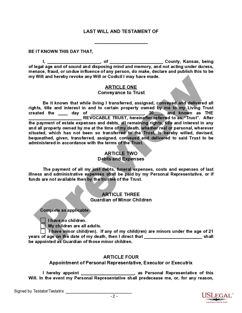Preview Last Will and Testament with All Property to Trust called a Pour Over Will