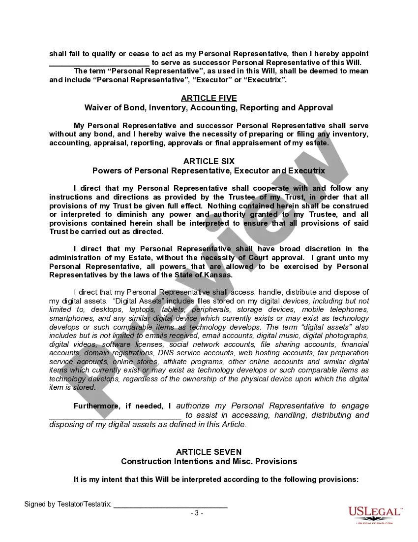 Preview Last Will and Testament with All Property to Trust called a Pour Over Will