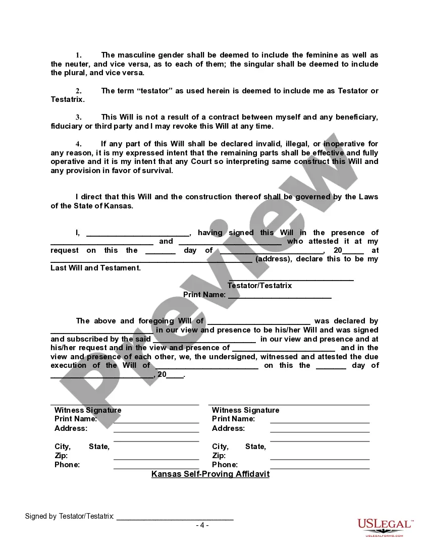 Preview Last Will and Testament with All Property to Trust called a Pour Over Will