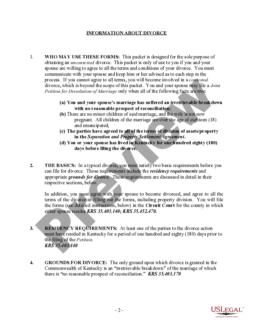 Preview Kentucky No-Fault Uncontested Agreed Divorce Package for Dissolution of Marriage with Adult Children and with or without Property and Debts