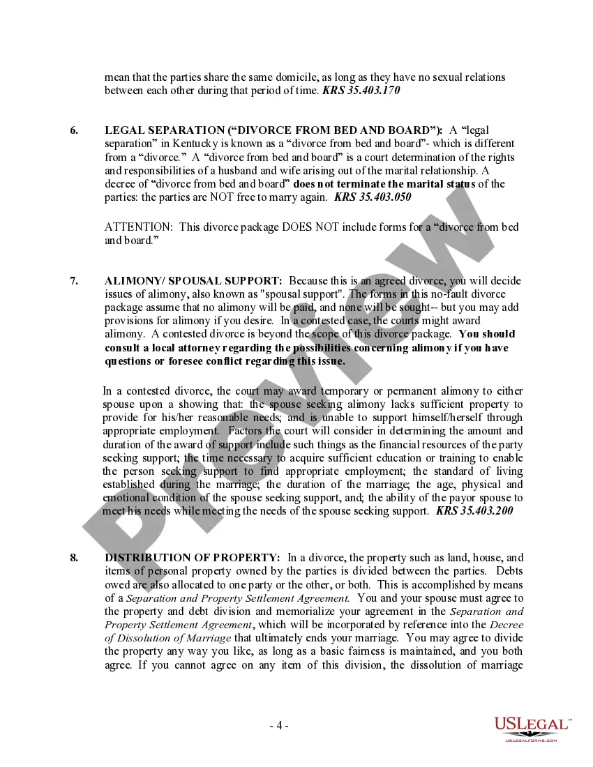Preview Kentucky No-Fault Uncontested Agreed Divorce Package for Dissolution of Marriage with Adult Children and with or without Property and Debts