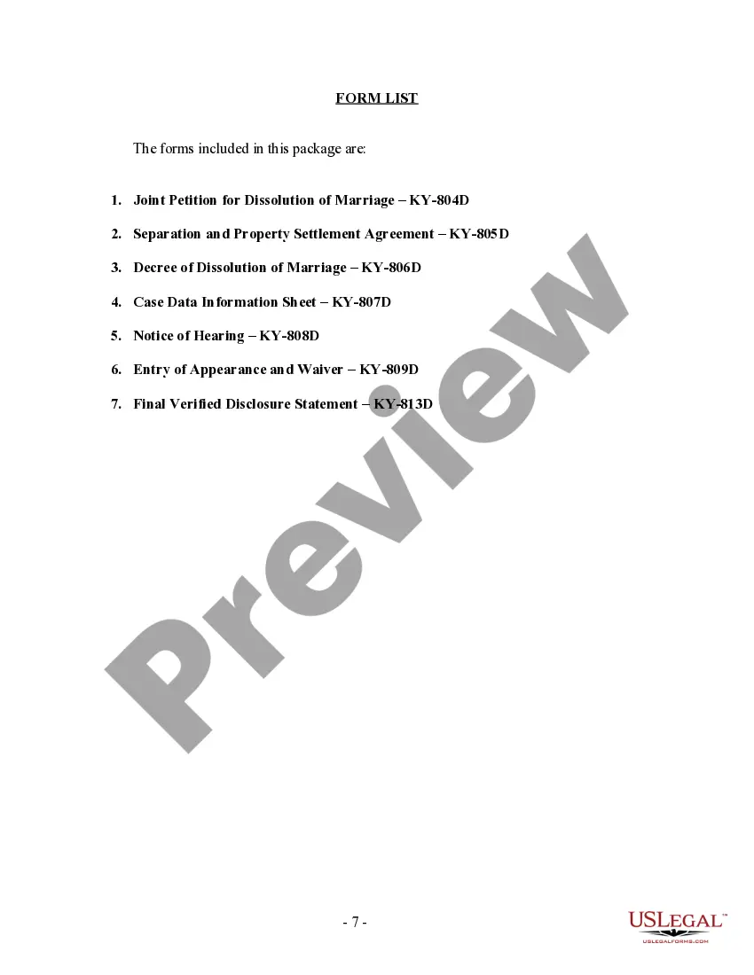 Preview Kentucky No-Fault Uncontested Agreed Divorce Package for Dissolution of Marriage with Adult Children and with or without Property and Debts