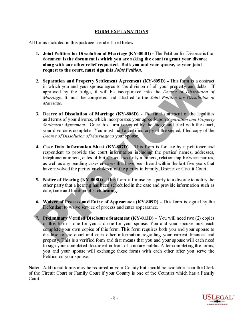 Preview Kentucky No-Fault Uncontested Agreed Divorce Package for Dissolution of Marriage with Adult Children and with or without Property and Debts