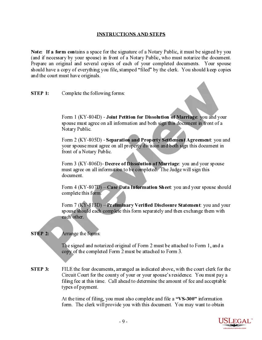 Preview Kentucky No-Fault Uncontested Agreed Divorce Package for Dissolution of Marriage with Adult Children and with or without Property and Debts