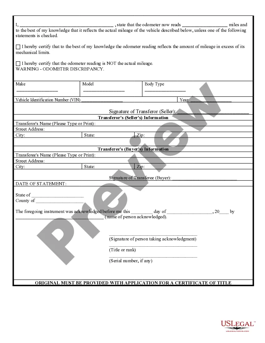 Preview Bill of Sale for Automobile or Vehicle including Odometer Statement and Promissory Note