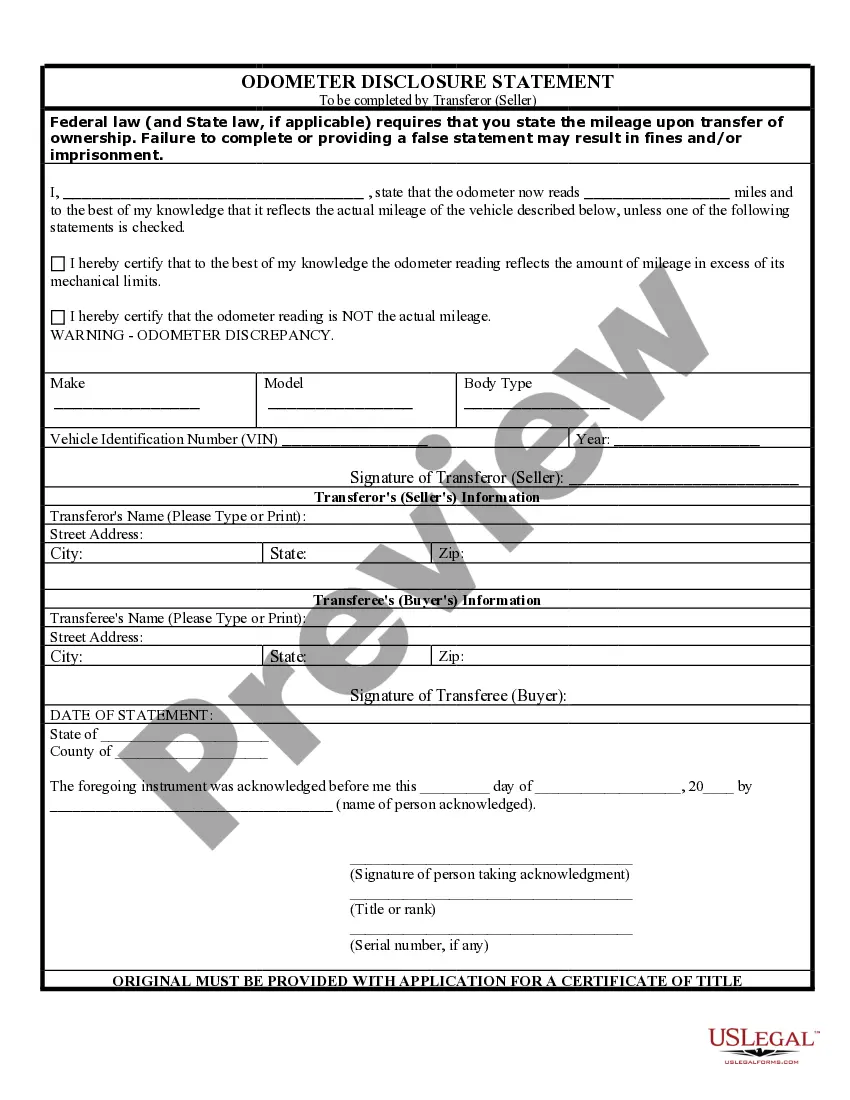 Preview Bill of Sale of Automobile and Odometer Statement